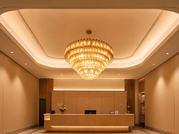 Hospitality chandelier above reception desk